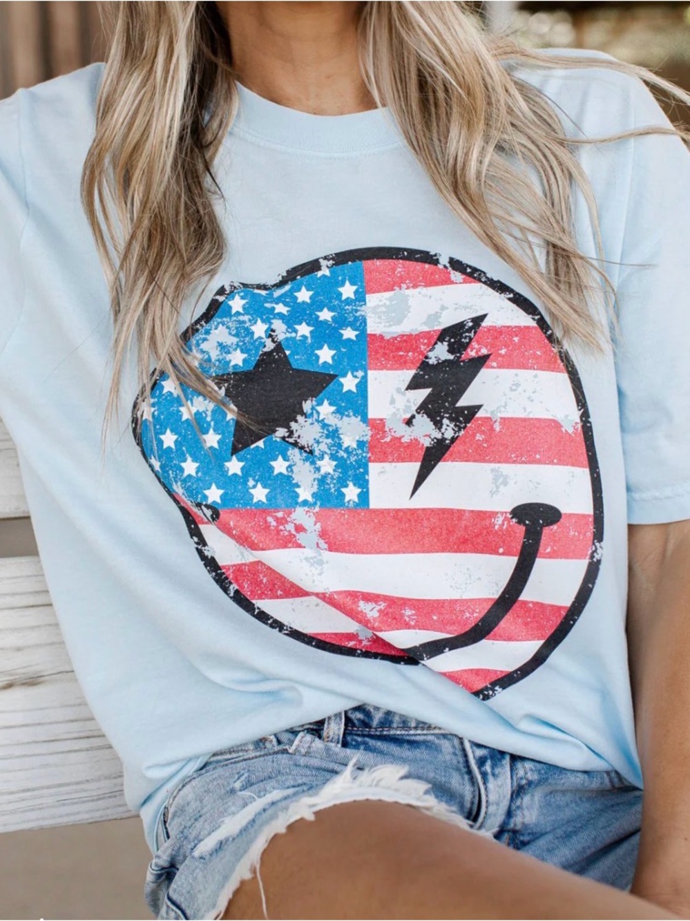 Comfort Colors Light Blue Graphic Short Sleeve Tee with Flag Smile